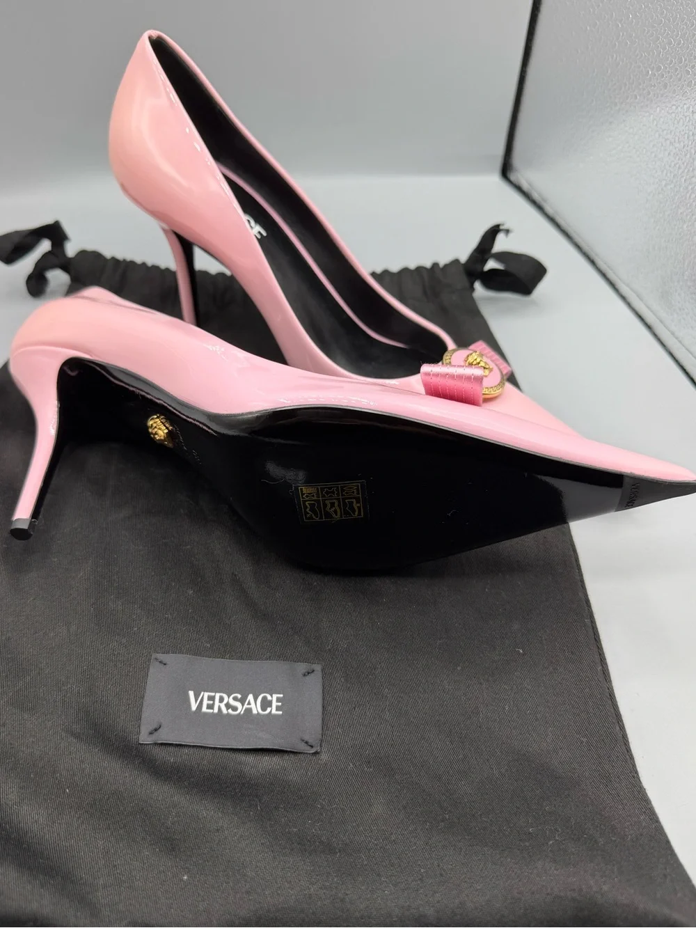 Versace Pink Patent Pointed-Toe Stiletto Pumps with Gold Medusa